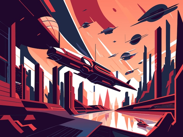 spaceship launch in city of the future retro futurism landscape skyscrapers river vector