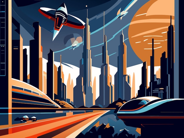 Vector spaceship launch in city of the future retro futurism landscape skyscrapers river vector