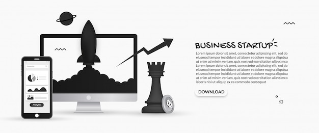 Spaceship launching from desktop monitor on white background, business startup concept