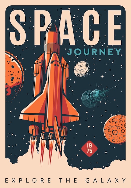 Spaceship shuttle or rocket in space retro poster