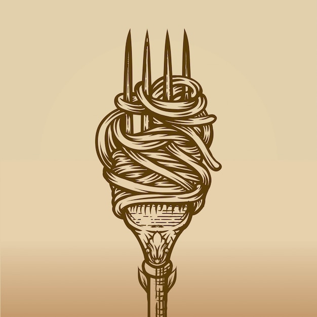 Spaghetti on fork in engraving style