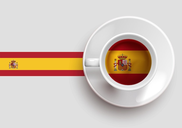 Spain flag with a tasty coffee cup on top view