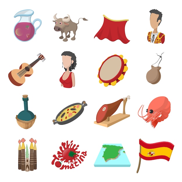 Spain icons in cartoon style for web and mobile devices