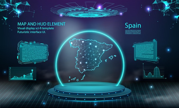 Spain map light connecting effect background abstract digital technology UI GUI futuristic HUD Virtual Interface with spain map Stage futuristic podium in fog