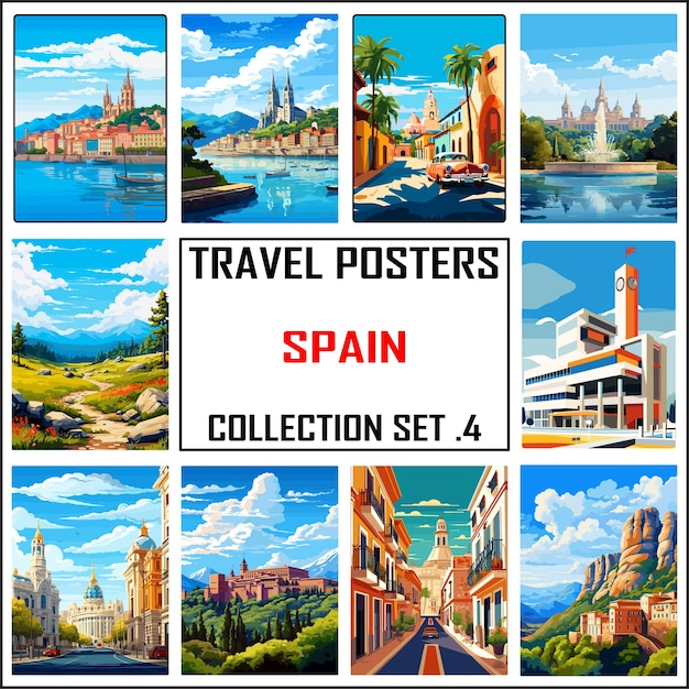 Vector spain travel poster wall art print wpa bundle package collection set 4