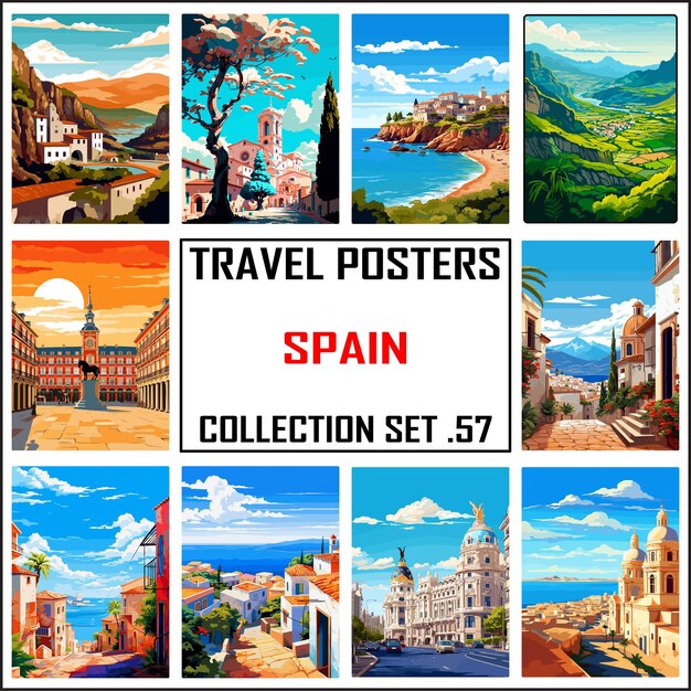 Vector spain travel poster wall art print wpa bundle package collection set 57