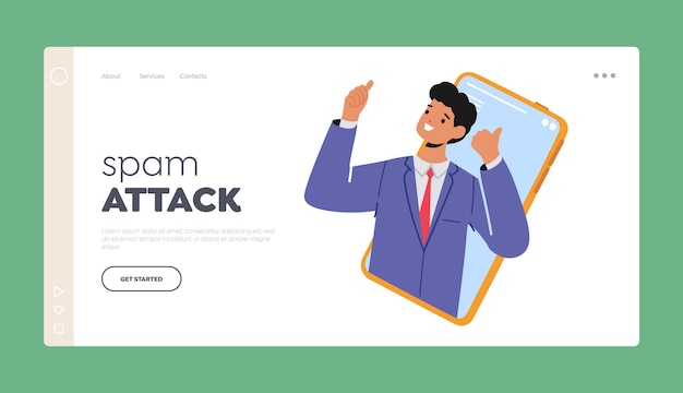 Spam Attack Landing Page Template Business Man Character Showing Thumb Up on Smartphone Screen