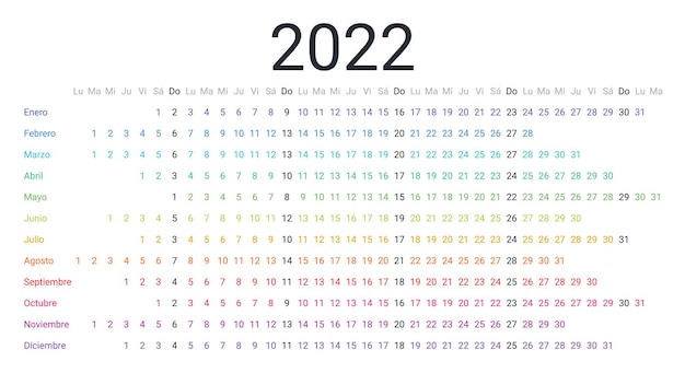 spanish 2022 calendar linear horizontal planner for year week starts monday