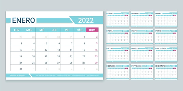 Spanish 2022 year Calendar. Week starts Monday. Planner template. Yearly calender layout.