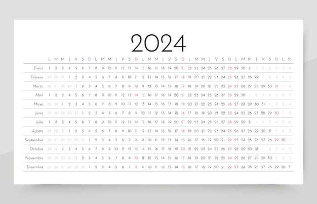 Spanish 2024 calendar Linear planner grid for year Yearly calender template Week starts Monday