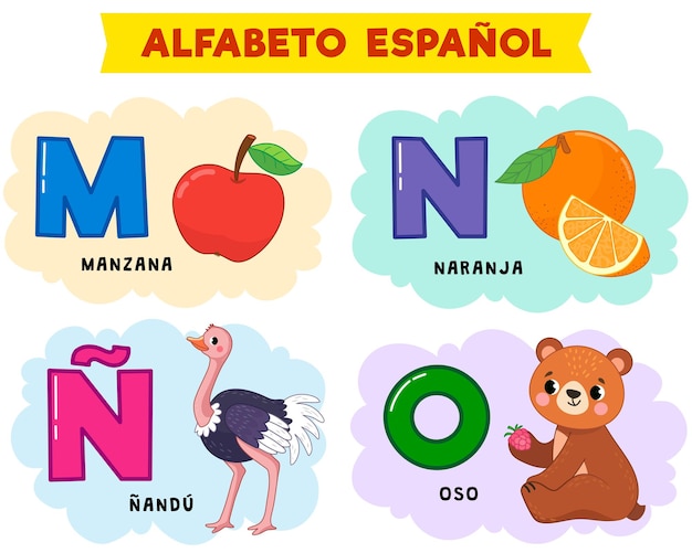 spanish alphabet. vector illustration. written in spanish apple, orange, bear, ostrich