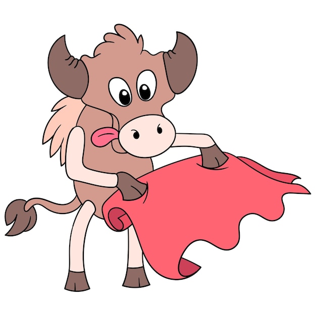 Spanish bull is in a matador style carrying a red cloth, vector illustration art. doodle icon image kawaii.