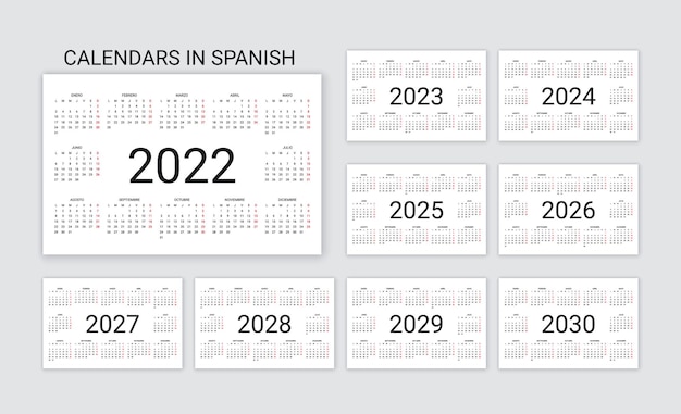 Spanish Calendar 2022, 2023, 2024, 2025, 2026, 2027, 2028, 2029, 2030 years. Simple pocket template. Vector illustration.