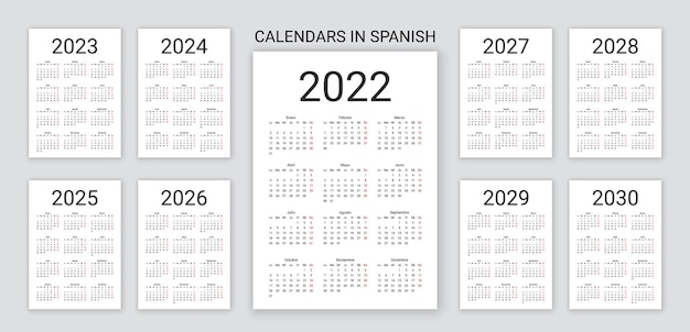 Spanish Calendar 2022, 2023, 2024, 2025, 2026, 2027, 2028, 2029, 2030 years. Simple pocket template. Vector illustration.