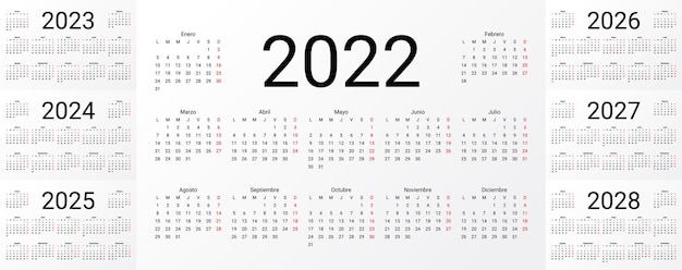 Spanish Calendar 2022 2023 2024 2025 2026 2027 2028 years Simple pocket template Vector illustration