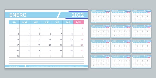 Spanish calendar for 2022 year. Planner template. Vector. Week starts Monday. Table schedule grid. Calender layout with 12 month. Yearly organizer. Horizontal monthly diary. Simple illustration