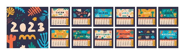 Vector spanish calendar for 2023 week starts on monday 12 months cute multicolor vector calendar with flora drawings