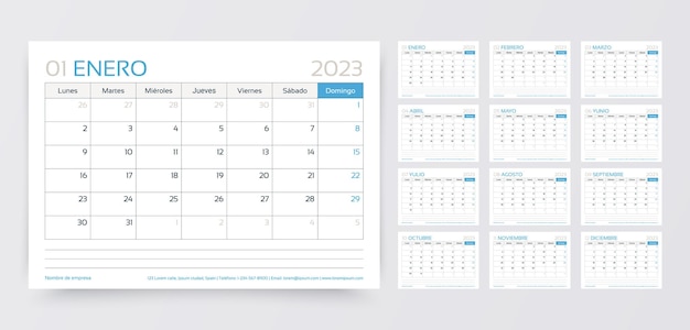 Spanish calendar 2023 year Corporate planner template Vector illustration