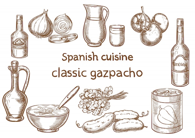 Spanish cuisine. Classic gazpacho ingredients vector sketch.