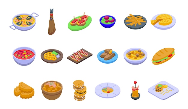 Spanish cuisine icons set isometric vector Food cuttlefish