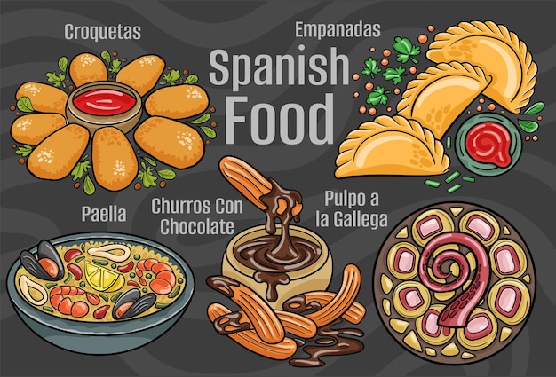 Spanish food A set of classic dishes Cartoon hand drawn illustration