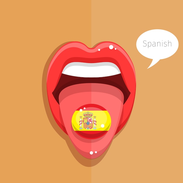 Spanish language concept. Spanish language tongue open mouth with flag of Spain, woman face. Flat design