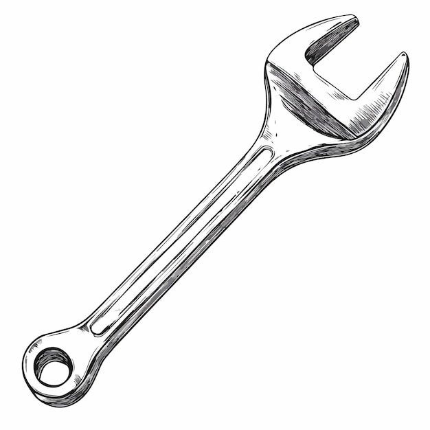 Spanner Outline Black and White Drawing Vector Illustration