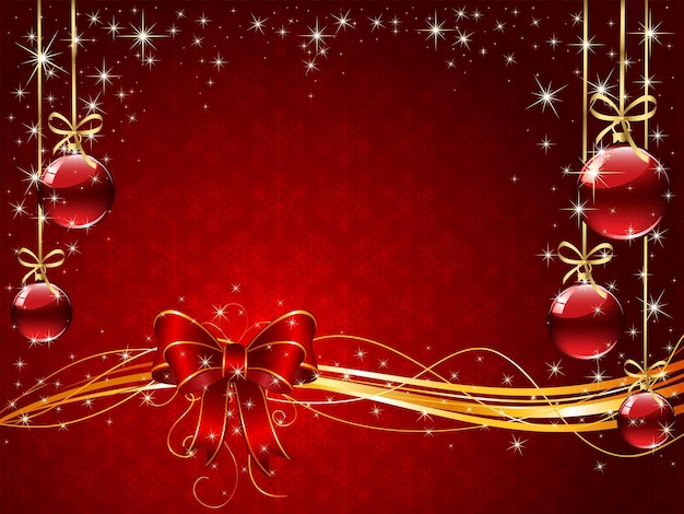 Sparkle background with snowflakes red bow Christmas balls and stars illustration