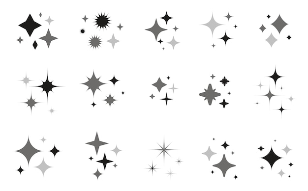 Sparkle star icons set stars and magic lights sparkles black silhouette set magic shine effect