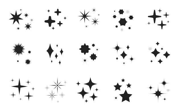 Sparkle star icons set stars and magic lights sparkles black silhouette set magic shine effect