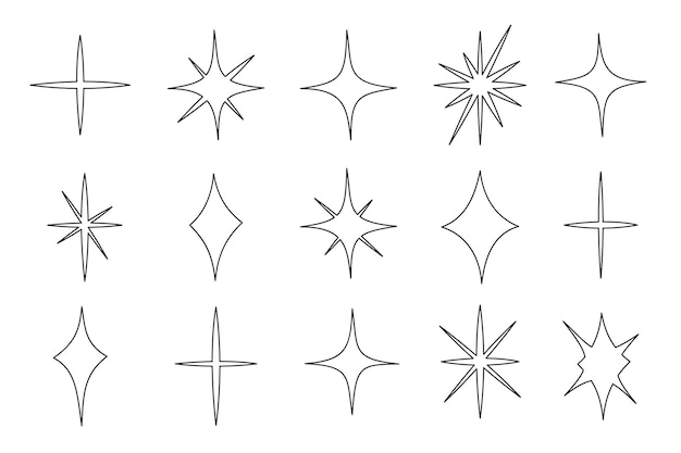 Sparkle star vector set in doodle style. Effect shiny and twinkle for design. Outline simple stars