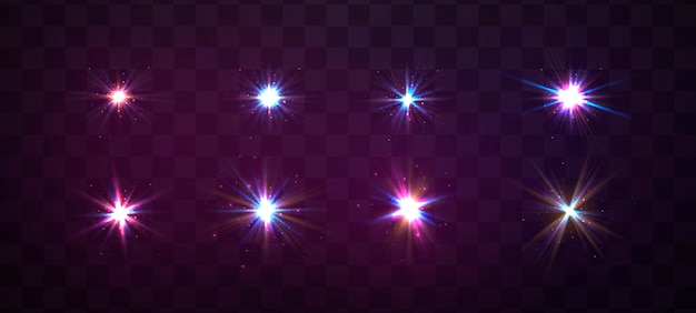 Sparkles, lens flare, explosion, glitter, line, sun flash, spark, stars. Purple glowing light 