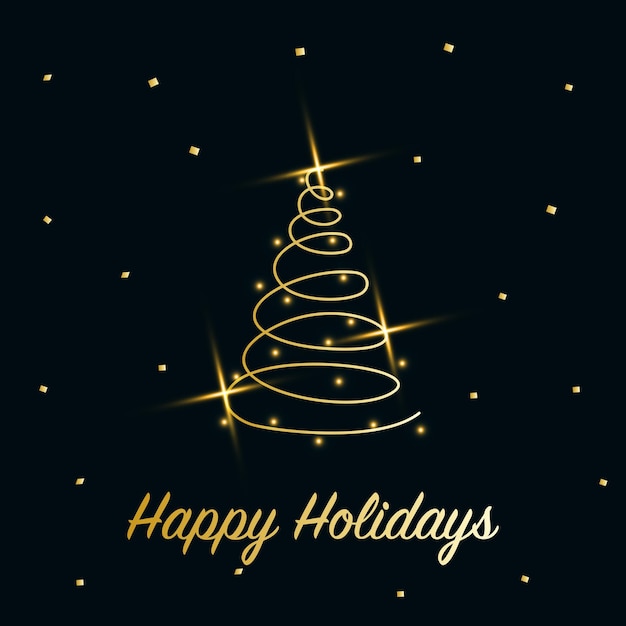 Sparkling Christmas Tree with shiny dust. Golden metallic outline icon on a dark blue background. Merry Christmas and Happy New Year 2022. Golden Metallic. Vector illustration. Happy Holidays.