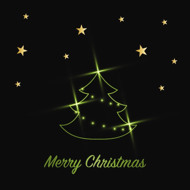 Sparkling Christmas Tree with shiny dust. Green Metallic outline icon on a dark background. Merry Christmas and Happy New Year 2022. Vector illustration.