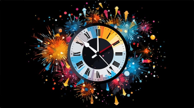 Vector sparkling clock with fireworks stream vector illustration