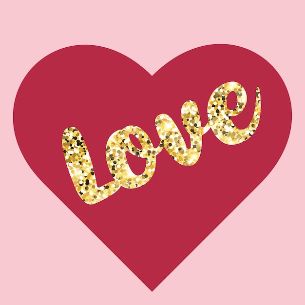 Sparkling glitter love word and calligraphy with a red heart and pink background Valentines day