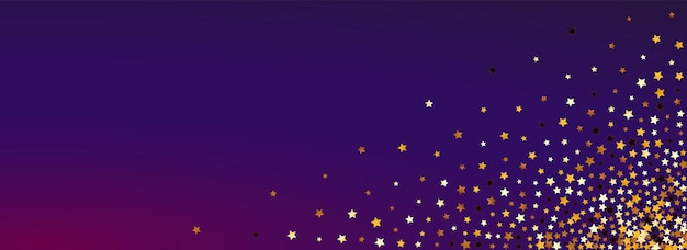 Sparkling Glow Vector Panoramic Purple Background. Gilded Elegant Glitter Border. Confetti Xmas Wallpaper.  Golden Twinkle Dust Design.