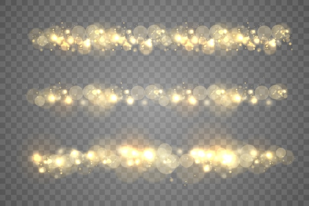 Sparkling golden magic dust particles bokeh on transparent background, Christmas sparkl light effect, sparkle, shine lights, yellow dust sparks and star shine with special light,  illustration.