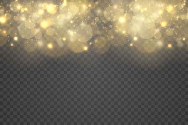 Sparkling golden magic dust particles bokeh on transparent background,