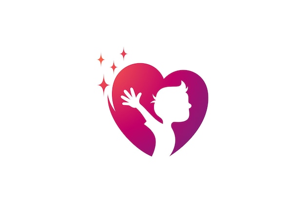 Sparkling heart logo with happy boy silhouette inside medical and healthcare icons