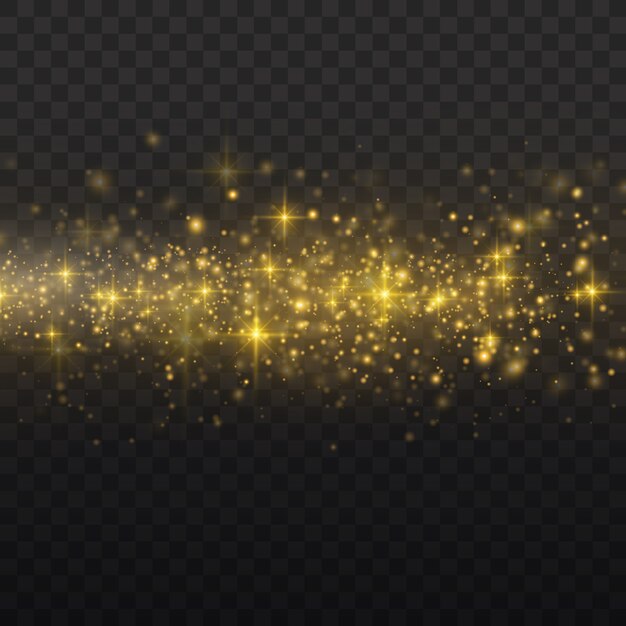 Sparkling magic dust particles. Yellow dust, yellow sparks and golden stars shine with special light. Christmas Abstract stylish light effect on a transparent background.