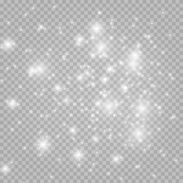 Sparkling magic dust. On a textural white and black background. Celebration abstract background of light and silver glittering dust particles and stars. Magical effect.