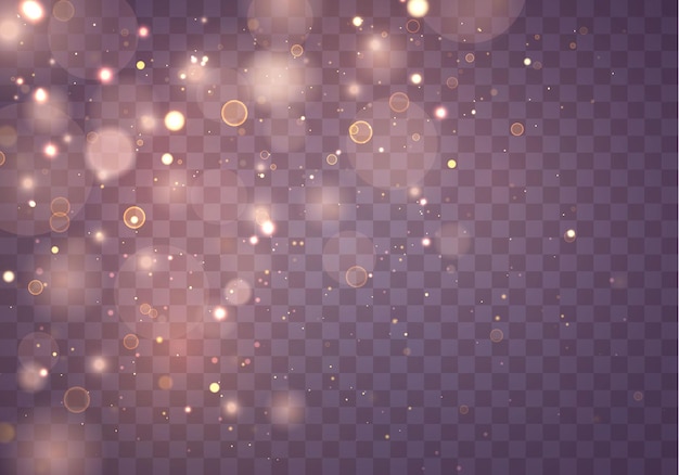 Sparkling magical gold yellow dust particles. Magic concept. Abstract transparent background with bokeh effect. Vector