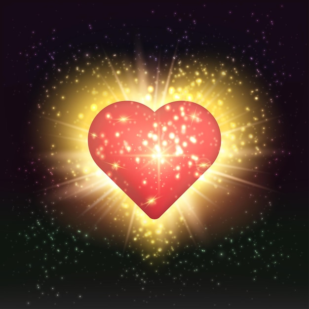 A sparkling red heart on a black background. Heart and night, starry sky. 3d.