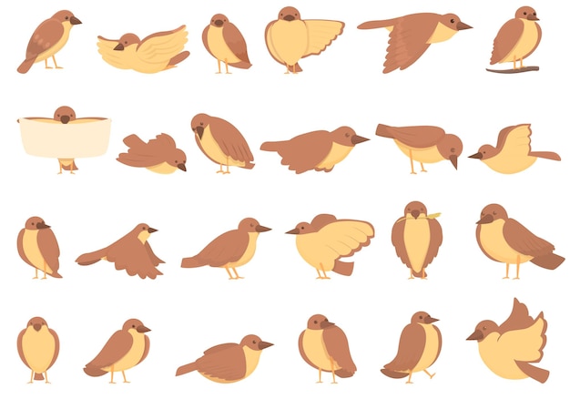 Sparrow icons set cartoon vector Fly bird House tree