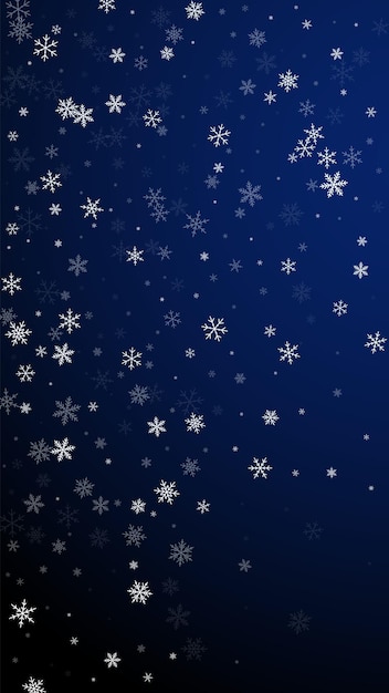 Sparse snowfall Christmas background. Subtle flying snow flakes and stars on dark blue background. Amusing winter silver snowflake overlay template. Nice vertical illustration.