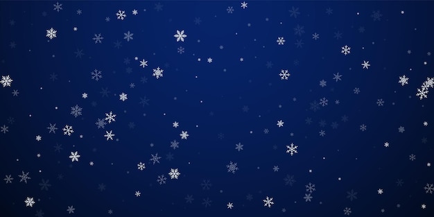 Sparse snowfall Christmas background. Subtle flying snow flakes and stars on dark blue night background. Awesome winter silver snowflake overlay template. Beautiful vector illustration.