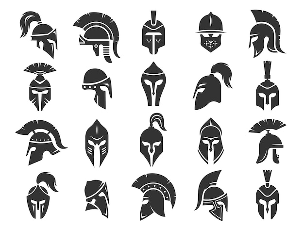 Spartan black helmets Ancient roman gladiator headgear protection monochrome silhouettes of medieval classical greek soldier war equipment Vector set