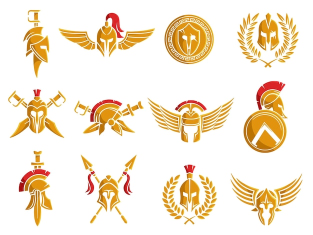 Spartan helmet emblem Warrior armor with wings and weapon gladiator tattoo and round shield vector Illustration set