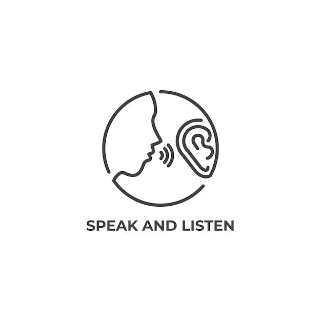 Speak and listen, whisper, gossip, listener. Vector logo template